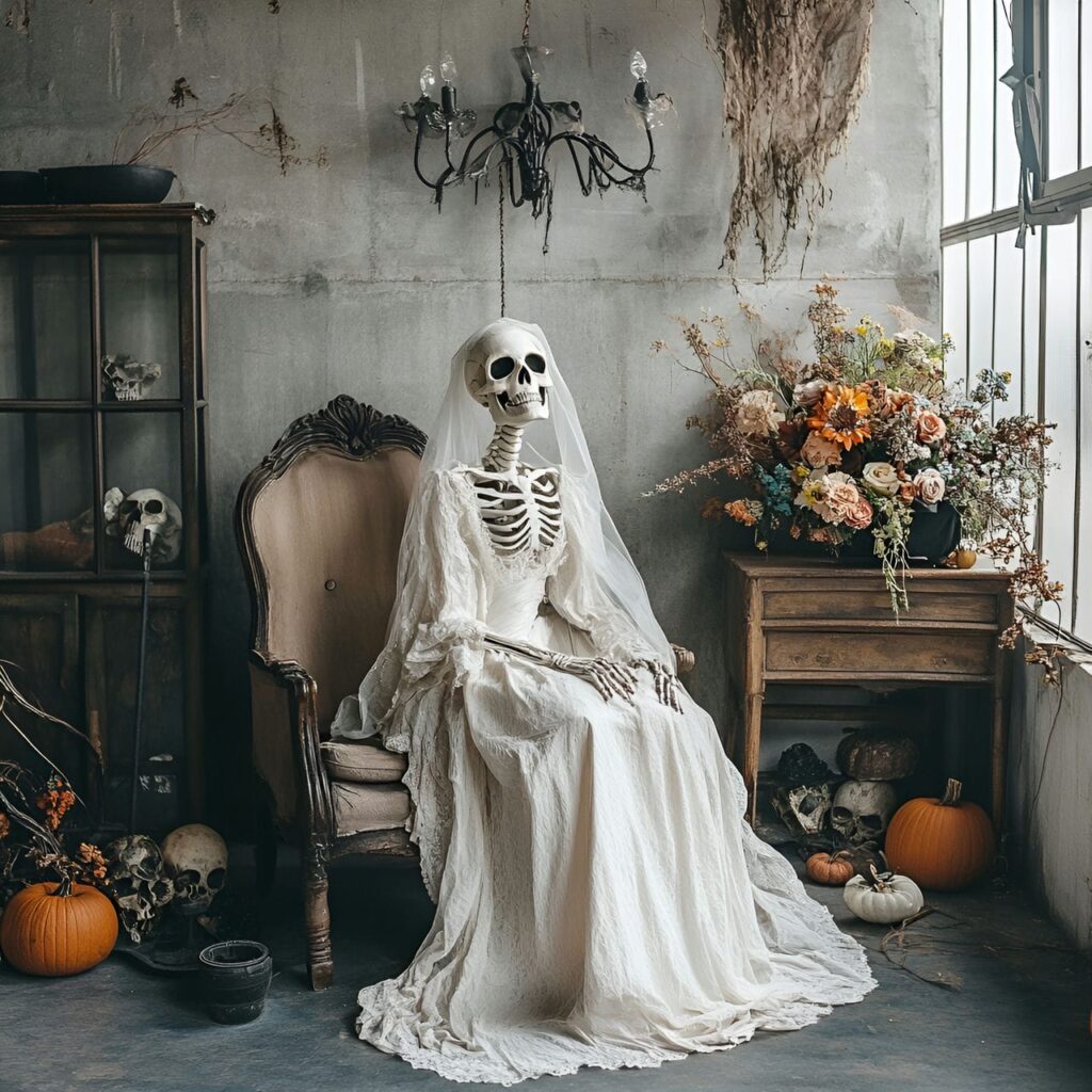 27. Bridal Skeleton in a Garage with Skulls and Soft Lighting