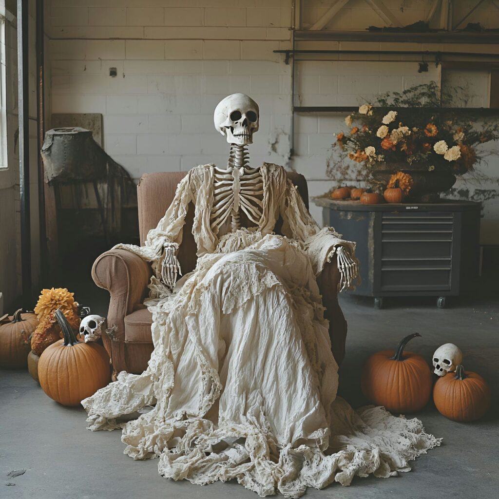 27. Bridal Skeleton in a Garage with Skulls and Soft Lighting