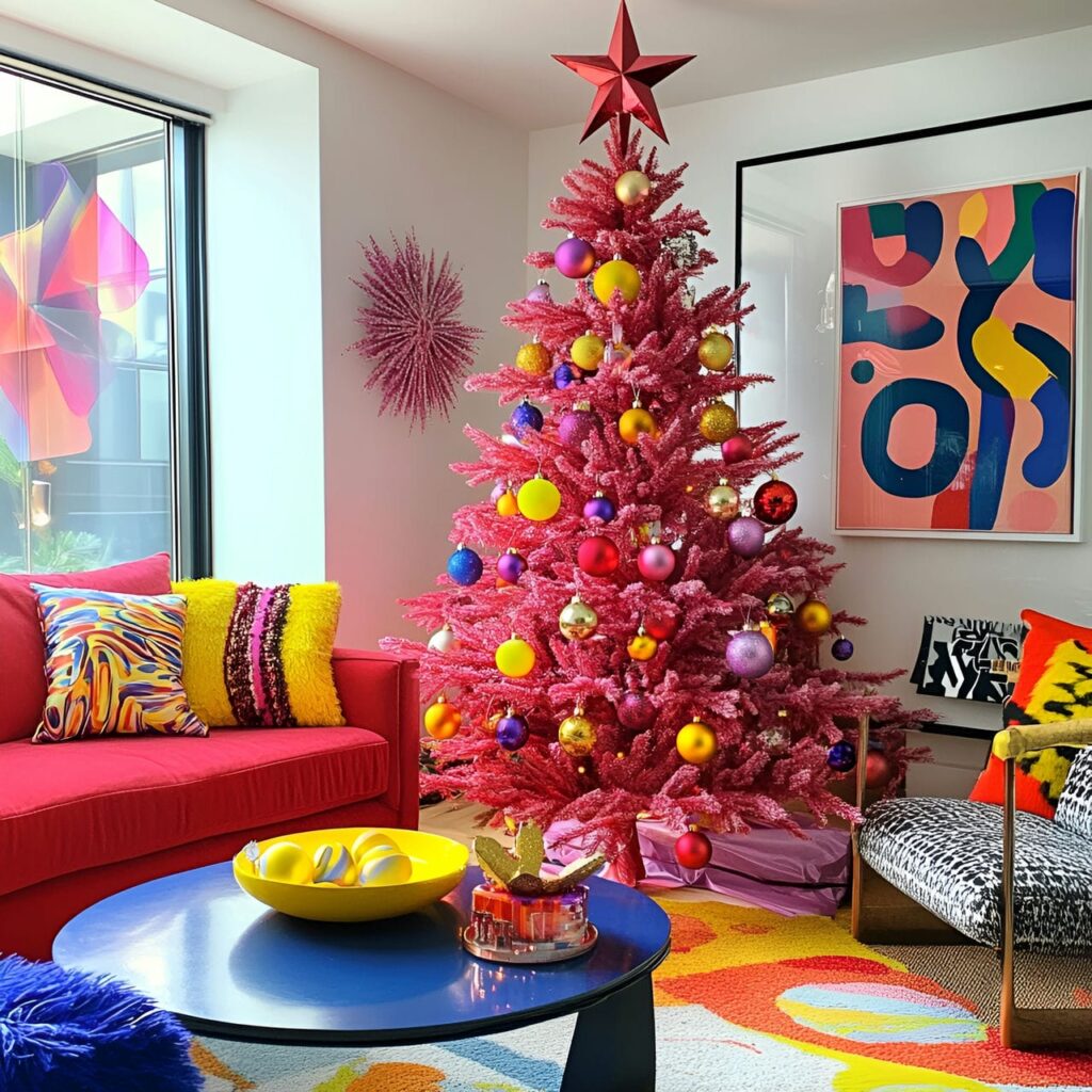 10. Bright Red and Neon Modern Pop Art Tree with Metallic Toppers