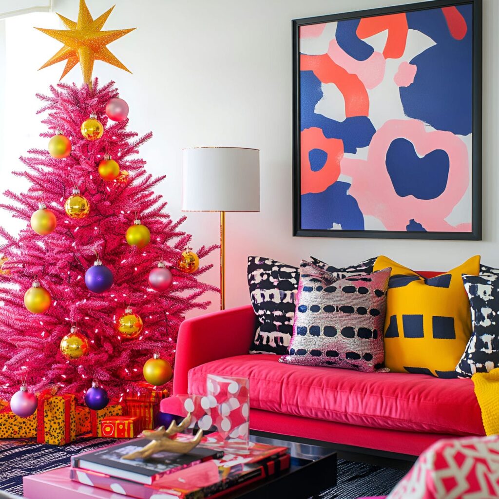 10. Bright Red and Neon Modern Pop Art Tree with Metallic Toppers