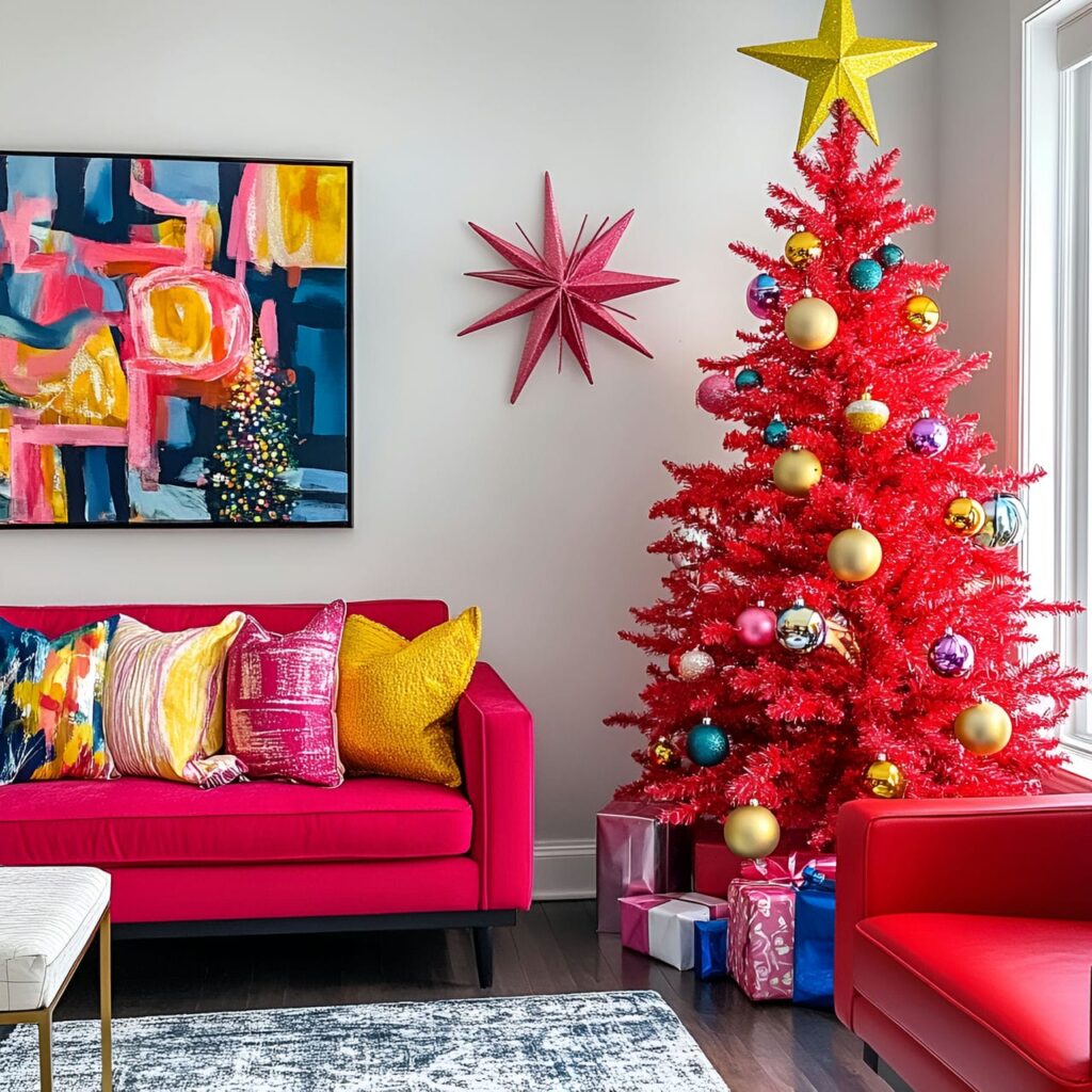 10. Bright Red and Neon Modern Pop Art Tree with Metallic Toppers