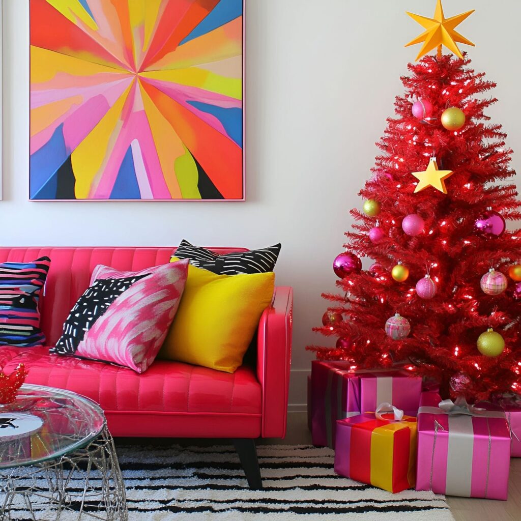 10. Bright Red and Neon Modern Pop Art Tree with Metallic Toppers