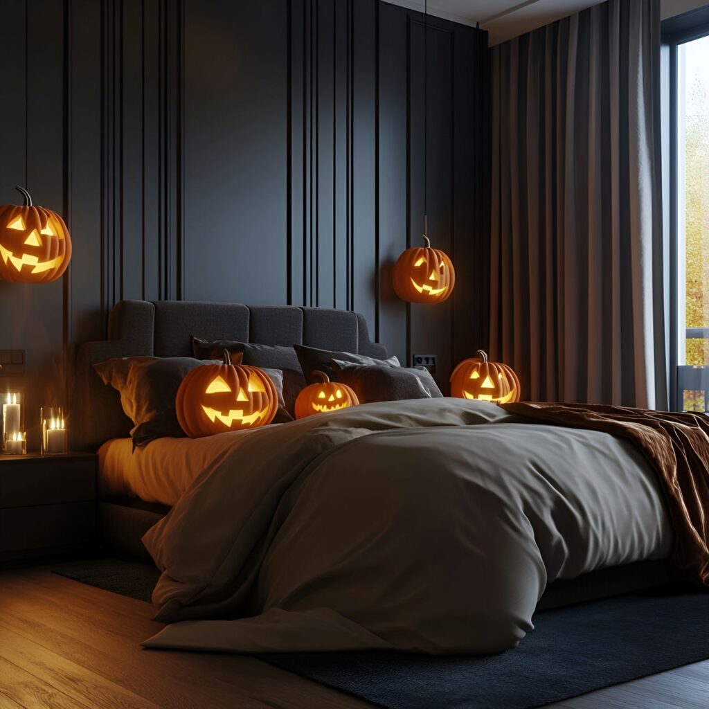 25. Candle-Lit Jack-o-Lanterns on Nightstands with Flickering Light