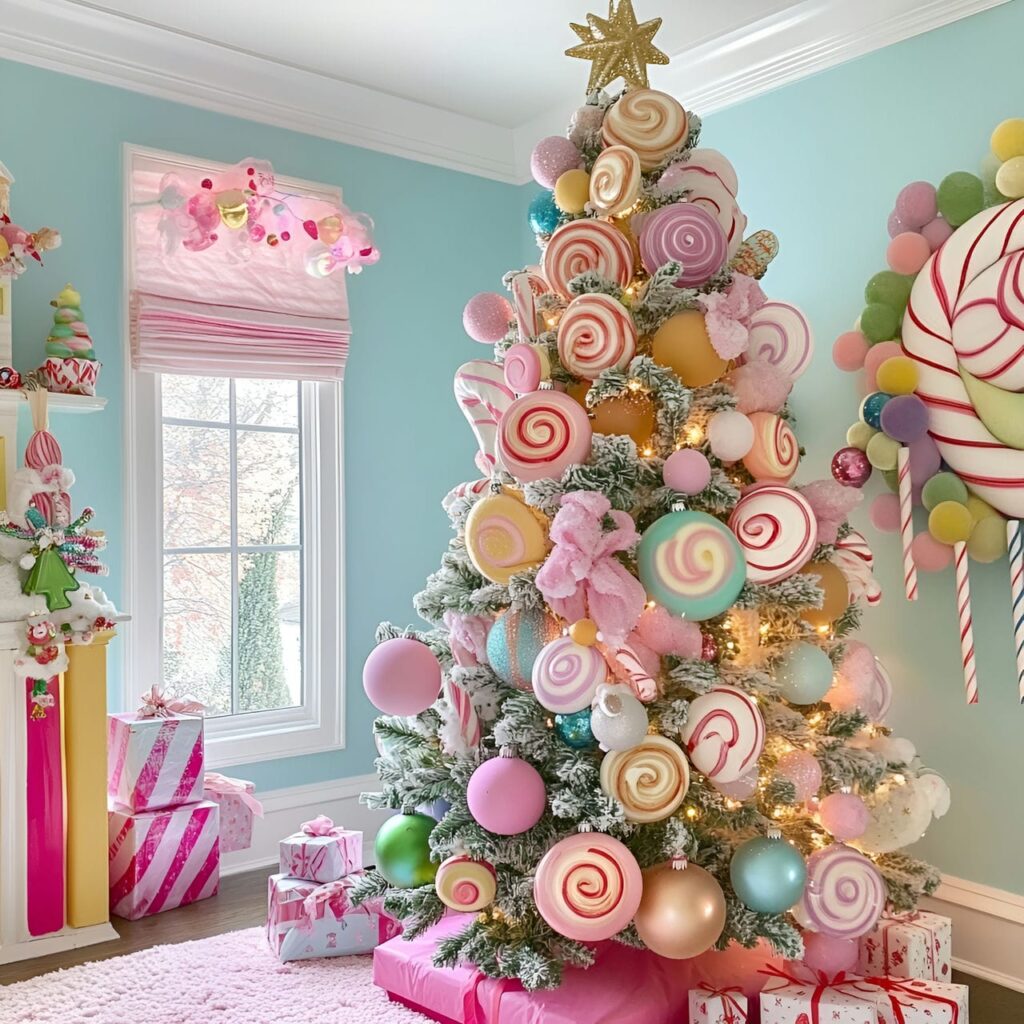 01. Candy Wonderland Tree with Oversized Lollipops and Pastel Ornaments