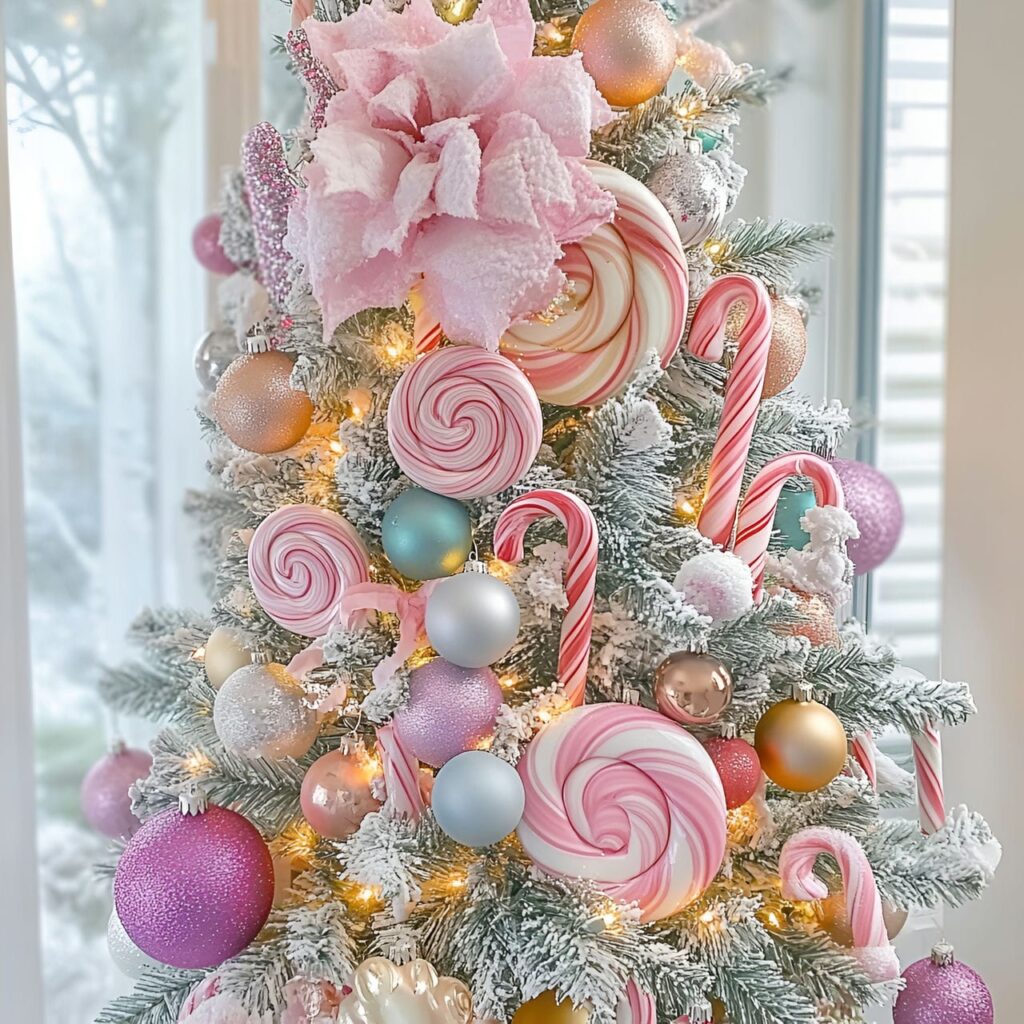 01. Candy Wonderland Tree with Oversized Lollipops and Pastel Ornaments