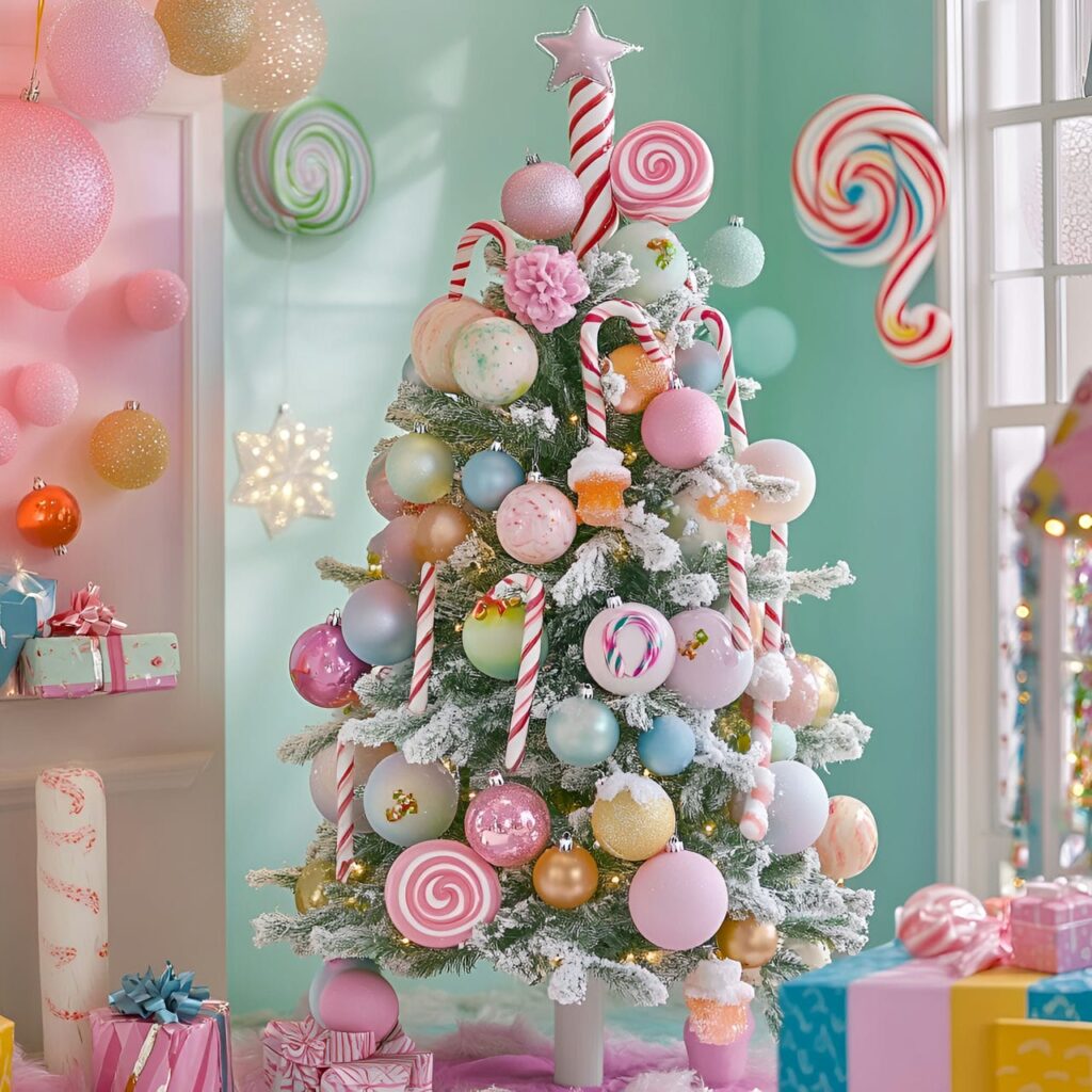 01. Candy Wonderland Tree with Oversized Lollipops and Pastel Ornaments