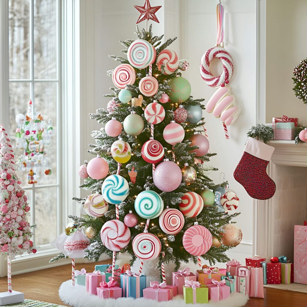 01. Candy Wonderland Tree with Oversized Lollipops and Pastel Ornaments