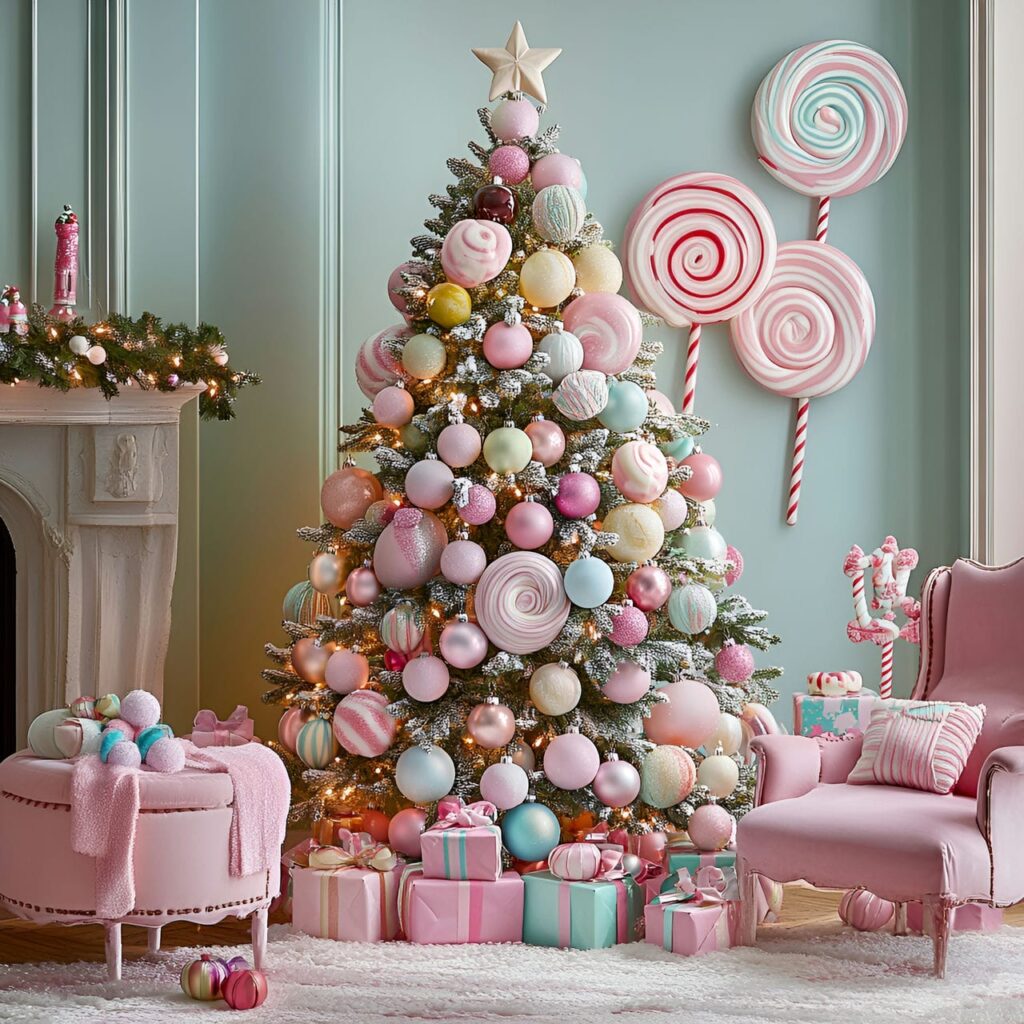 01. Candy Wonderland Tree with Oversized Lollipops and Pastel Ornaments