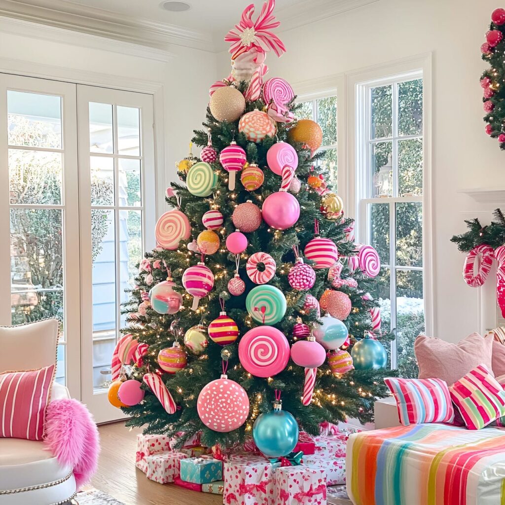 01. Candy Wonderland Tree with Oversized Lollipops and Pastel Ornaments