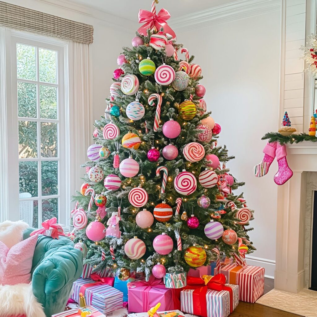 01. Candy Wonderland Tree with Oversized Lollipops and Pastel Ornaments