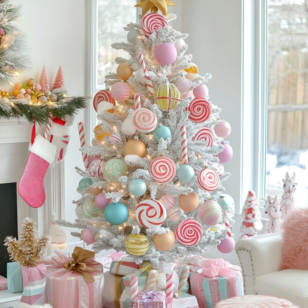 01. Candy Wonderland Tree with Oversized Lollipops and Pastel Ornaments