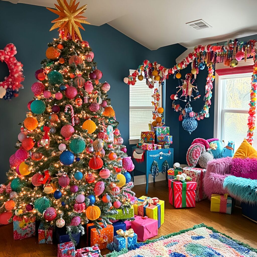 15. Carnival Whimsy Christmas Tree With Circus-Inspired Ornaments