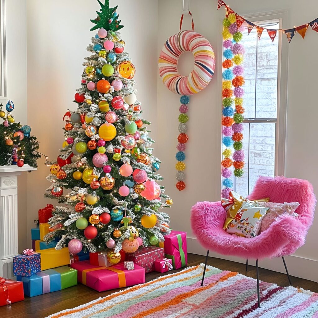 15. Carnival Whimsy Christmas Tree With Circus-Inspired Ornaments