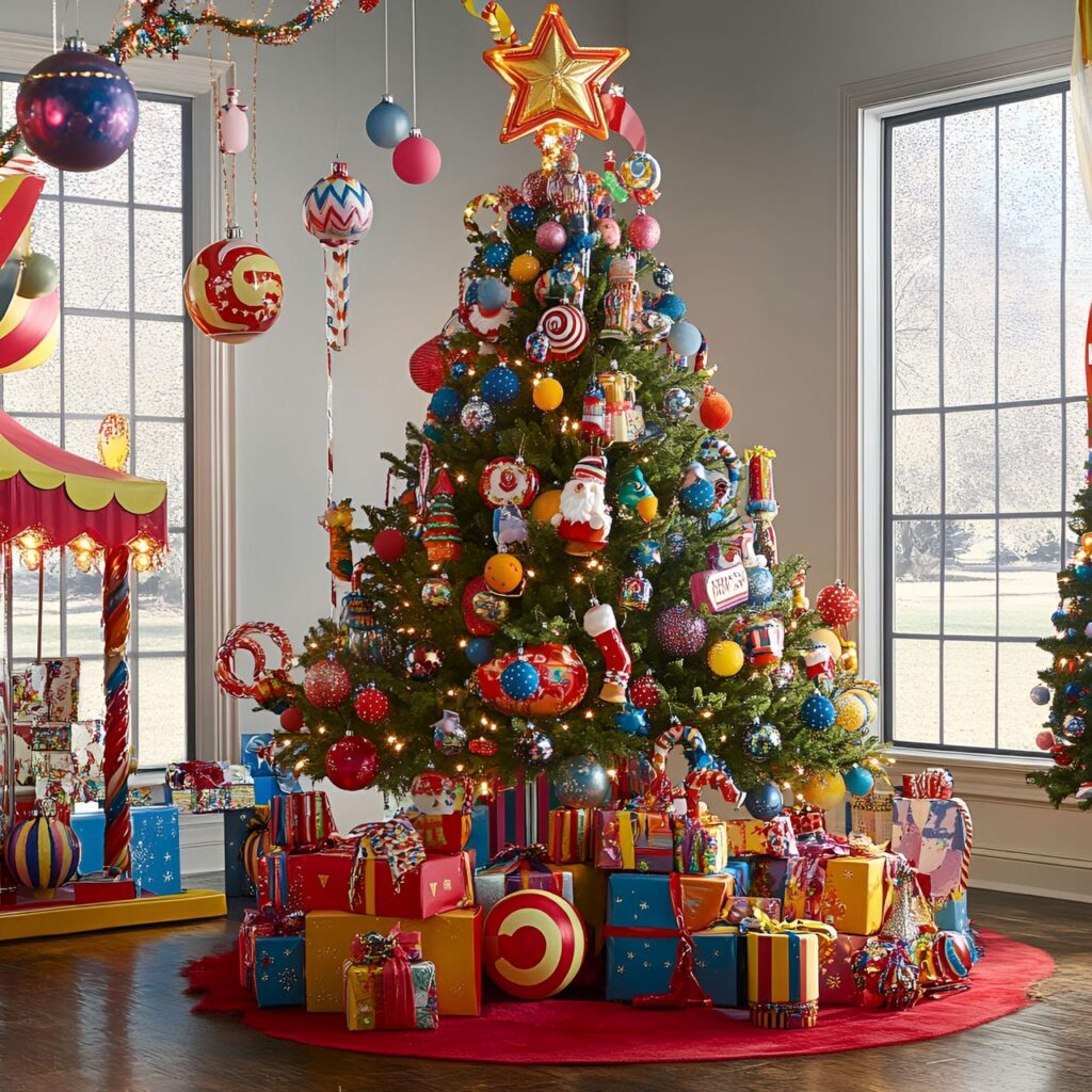 15. Carnival Whimsy Christmas Tree With Circus-Inspired Ornaments