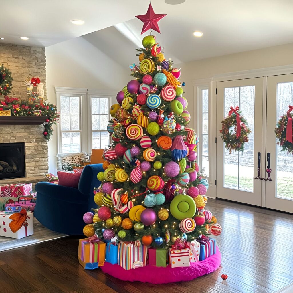 15. Carnival Whimsy Christmas Tree With Circus-Inspired Ornaments