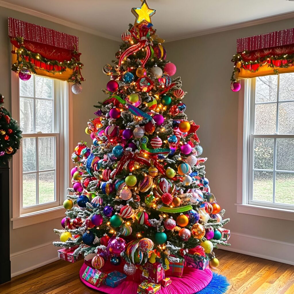 15. Carnival Whimsy Christmas Tree With Circus-Inspired Ornaments