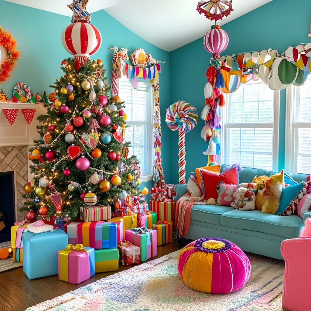 15. Carnival Whimsy Christmas Tree With Circus-Inspired Ornaments