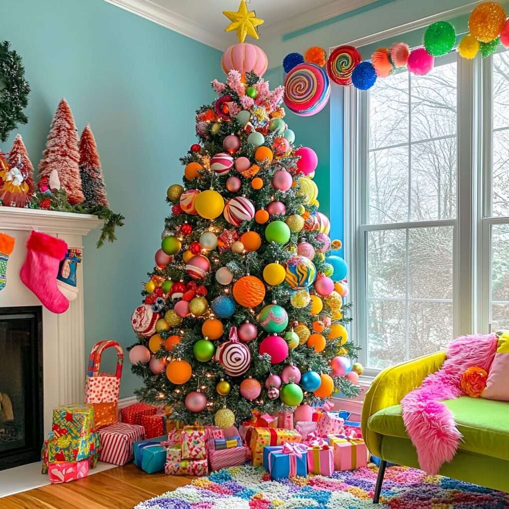 15. Carnival Whimsy Christmas Tree With Circus-Inspired Ornaments