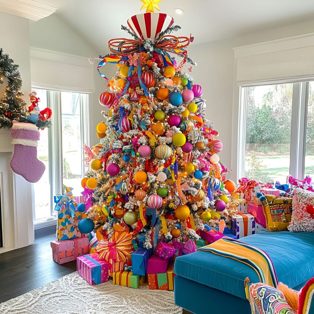 15. Carnival Whimsy Christmas Tree With Circus-Inspired Ornaments