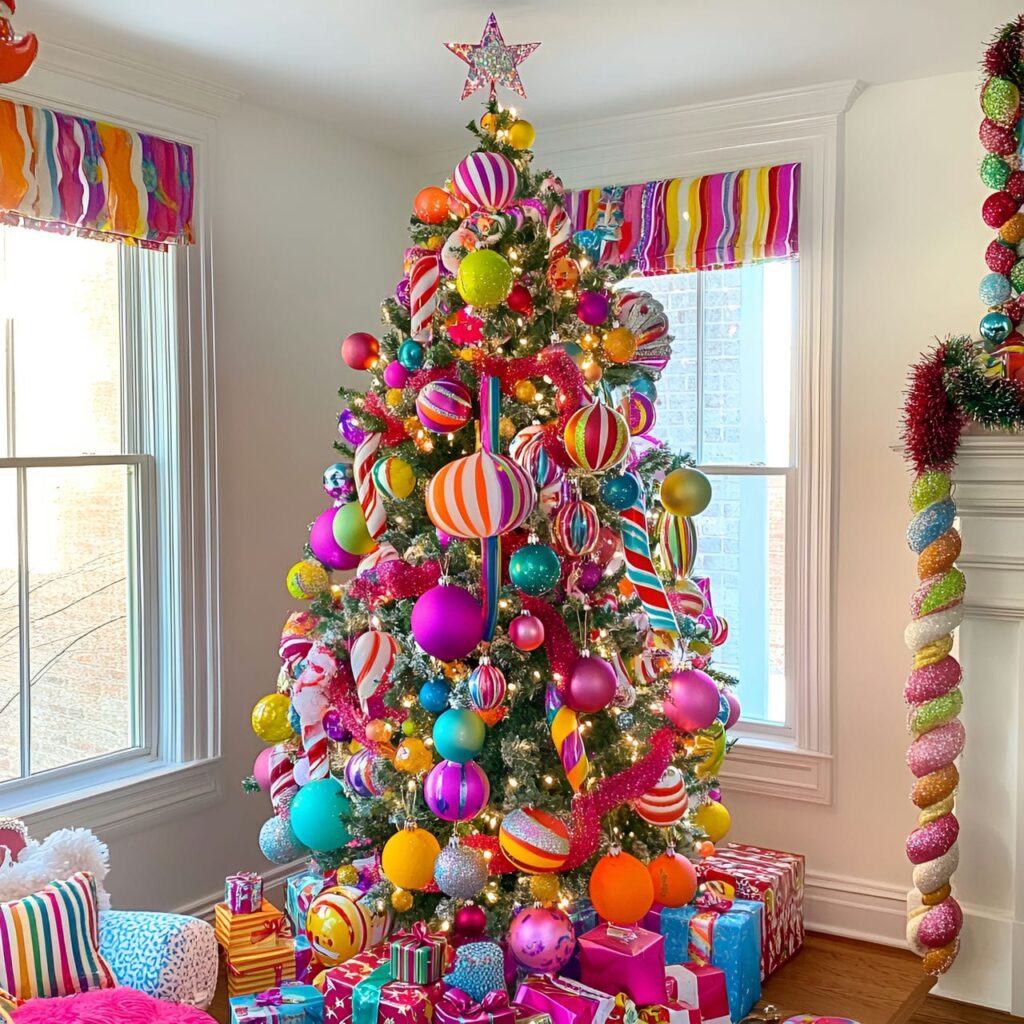 15. Carnival Whimsy Christmas Tree With Circus-Inspired Ornaments