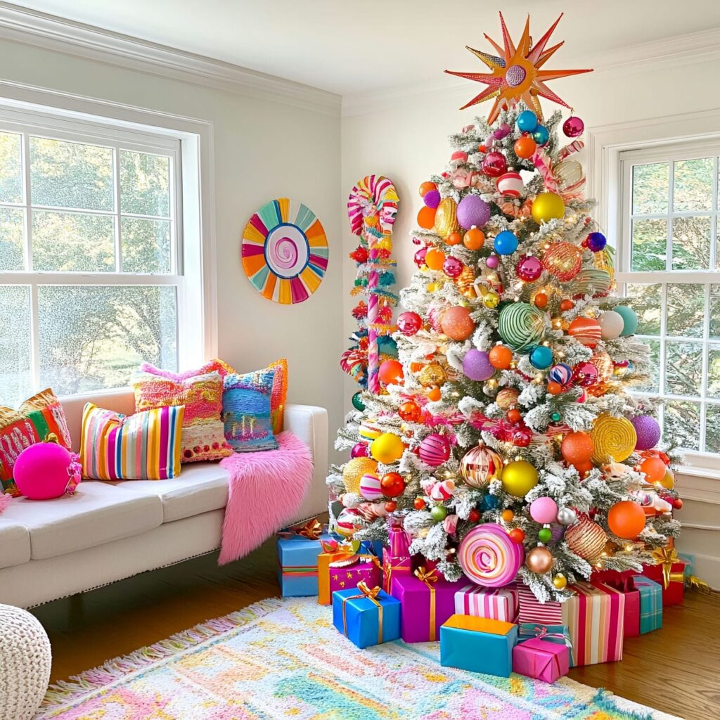 15. Carnival Whimsy Christmas Tree With Circus-Inspired Ornaments