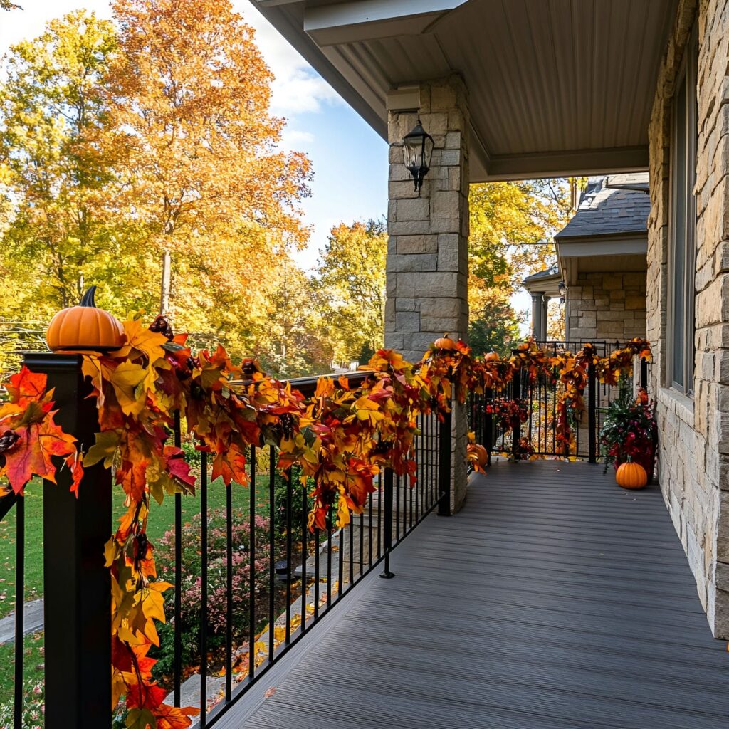 25. Charming Fall Garland with Pumpkins and Colorful Leaves