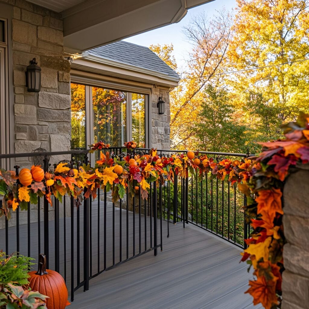 25. Charming Fall Garland with Pumpkins and Colorful Leaves