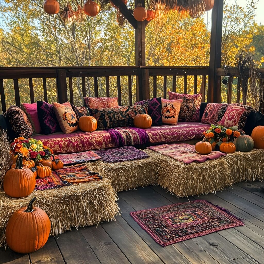 06. Charming Hay Bale Seating with Cushions and Pumpkins