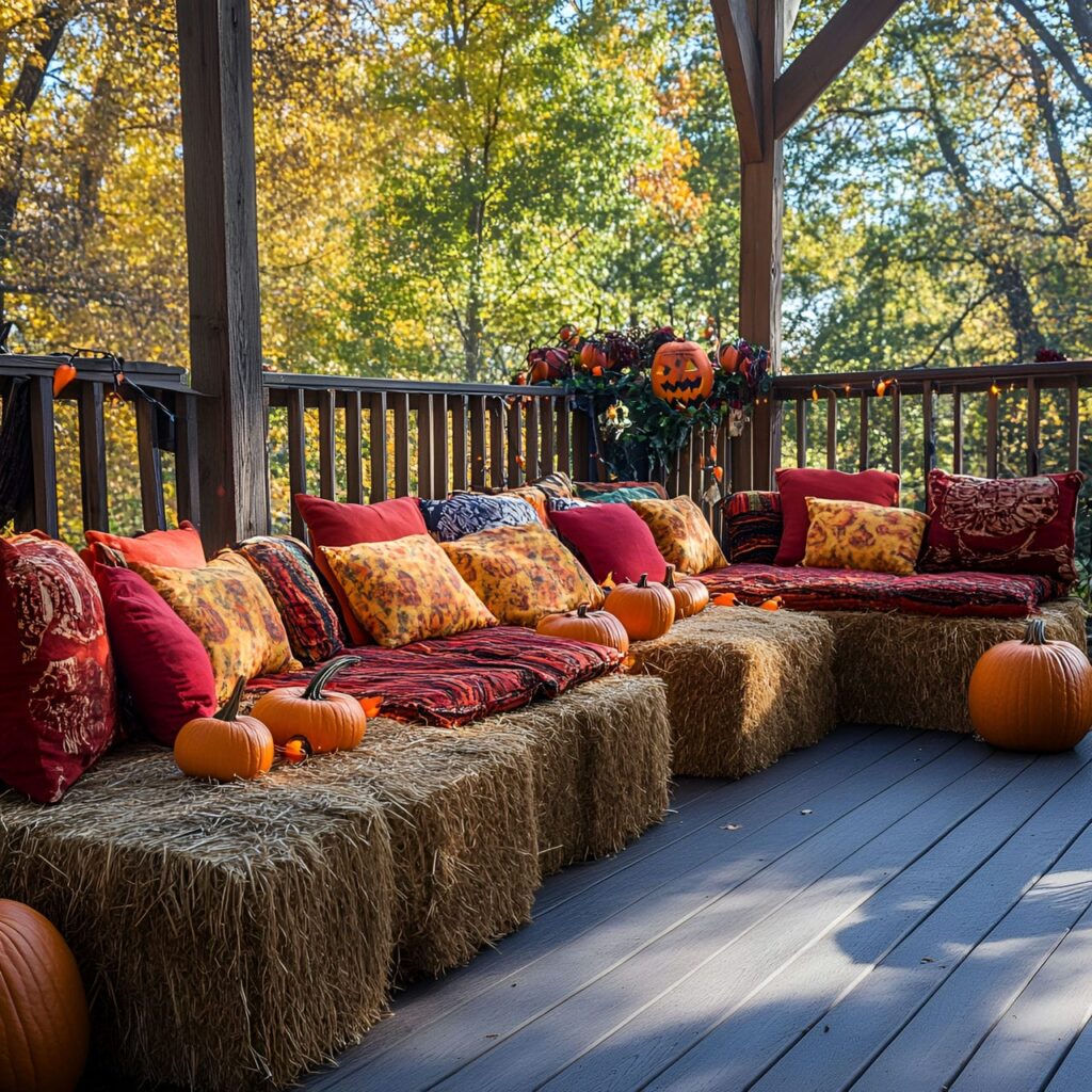 06. Charming Hay Bale Seating with Cushions and Pumpkins