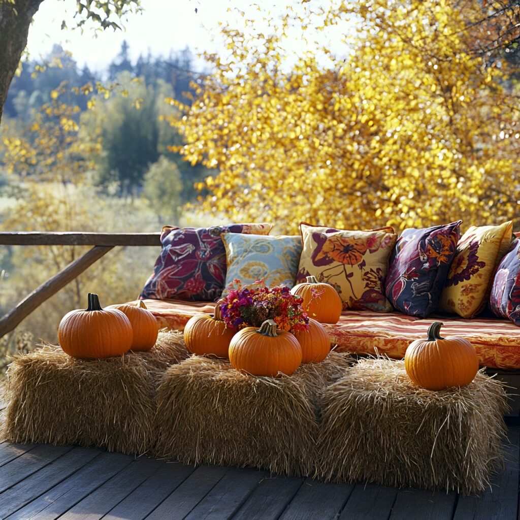 06. Charming Hay Bale Seating with Cushions and Pumpkins