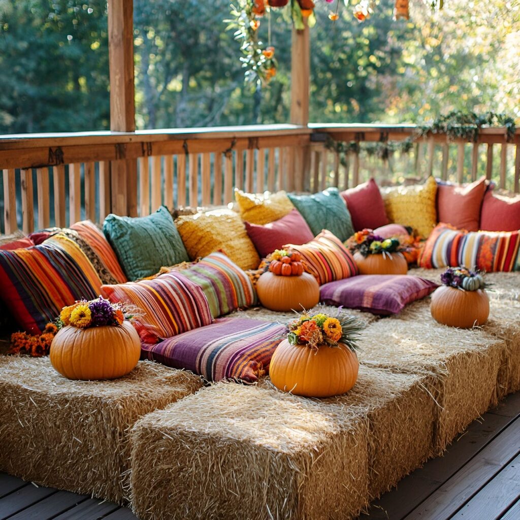 06. Charming Hay Bale Seating with Cushions and Pumpkins