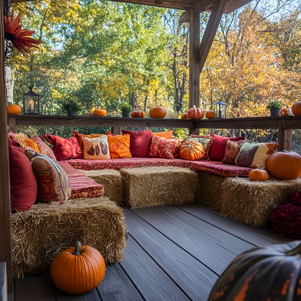 06. Charming Hay Bale Seating with Cushions and Pumpkins