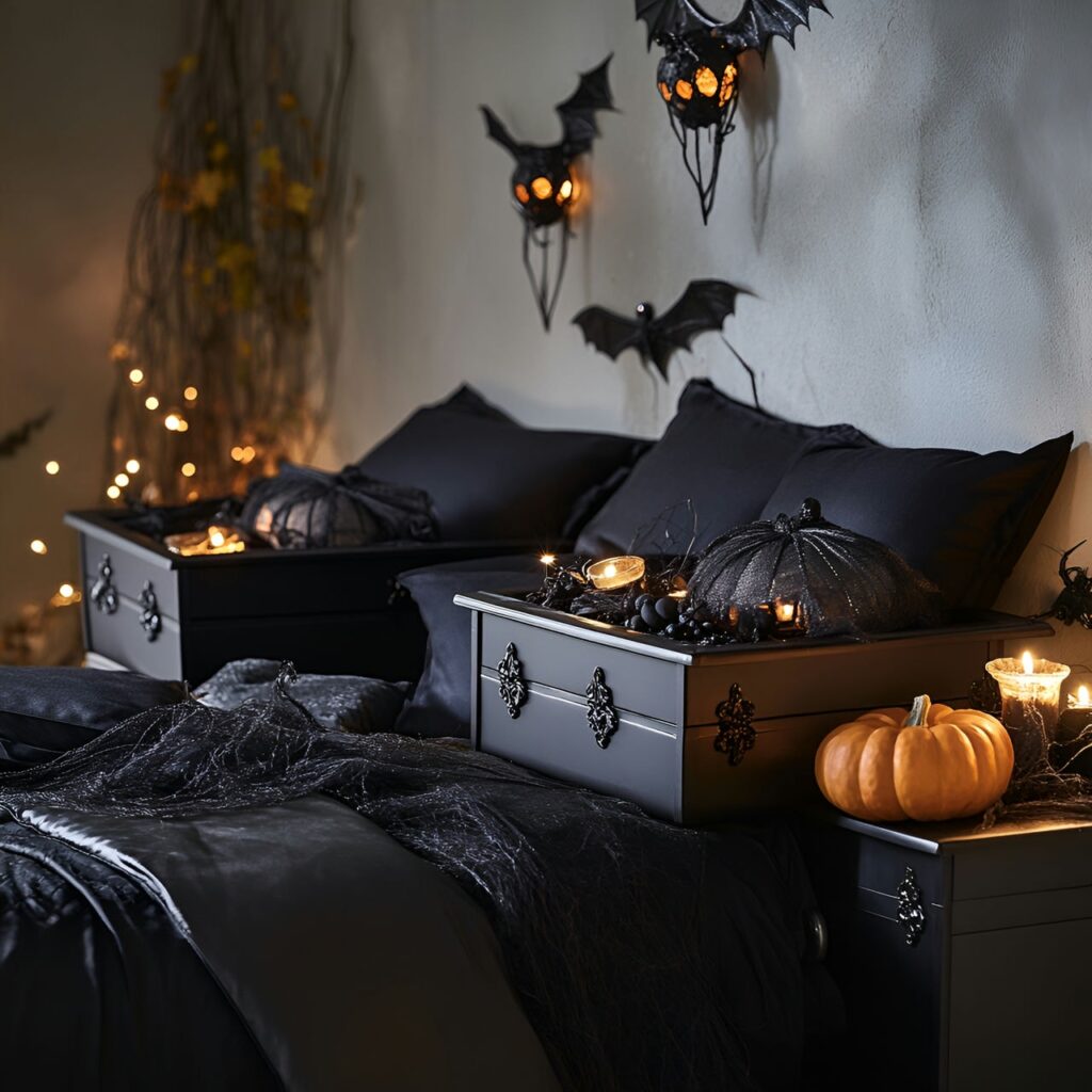 13. Coffin-shaped Shelves with Unique Halloween Trinkets