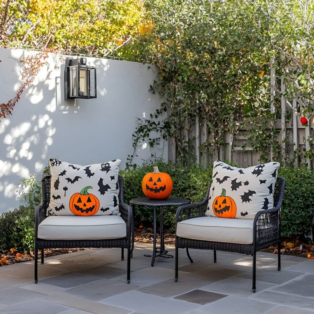 19. Colorful Halloween Pillows with Pumpkin and Bat Designs