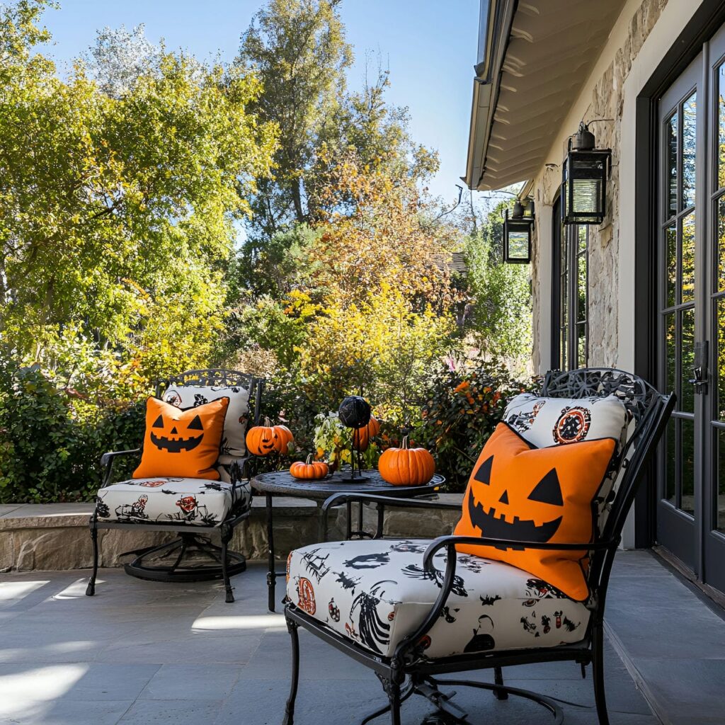 19. Colorful Halloween Pillows with Pumpkin and Bat Designs