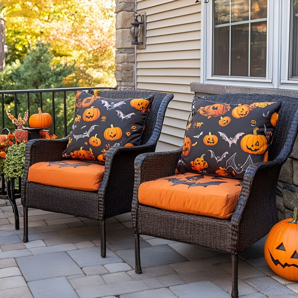 19. Colorful Halloween Pillows with Pumpkin and Bat Designs