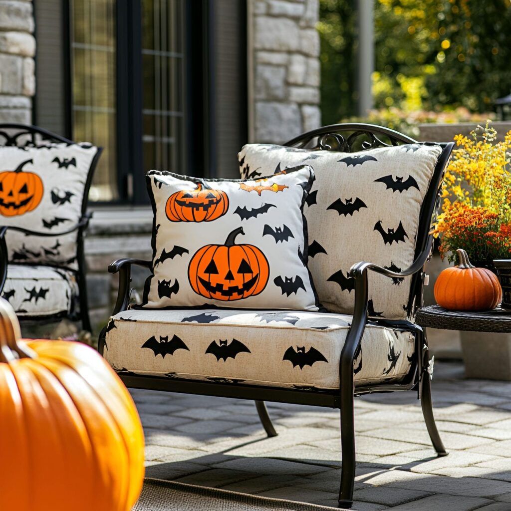 19. Colorful Halloween Pillows with Pumpkin and Bat Designs