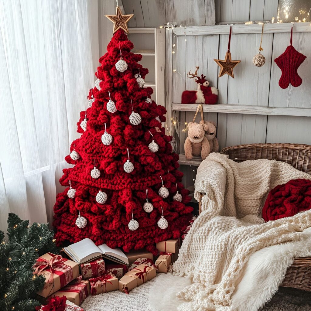 06. Cozy Red Tree with Knitted Ornaments and Wooden Stars