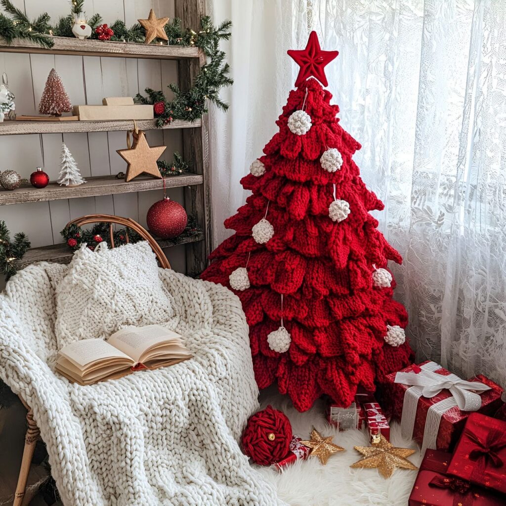 06. Cozy Red Tree with Knitted Ornaments and Wooden Stars