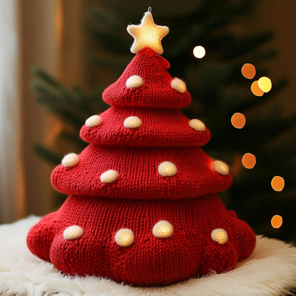 06. Cozy Red Tree with Knitted Ornaments and Wooden Stars