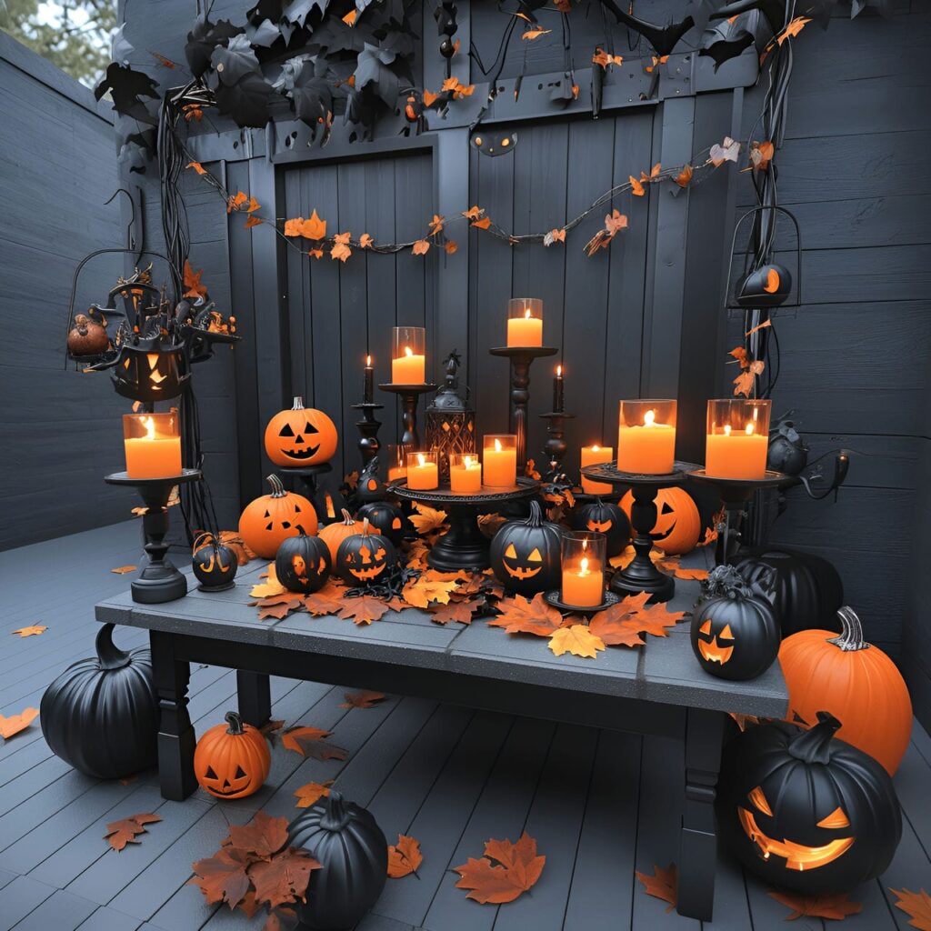 10. Creepy Candle Display with Black and Orange Candles