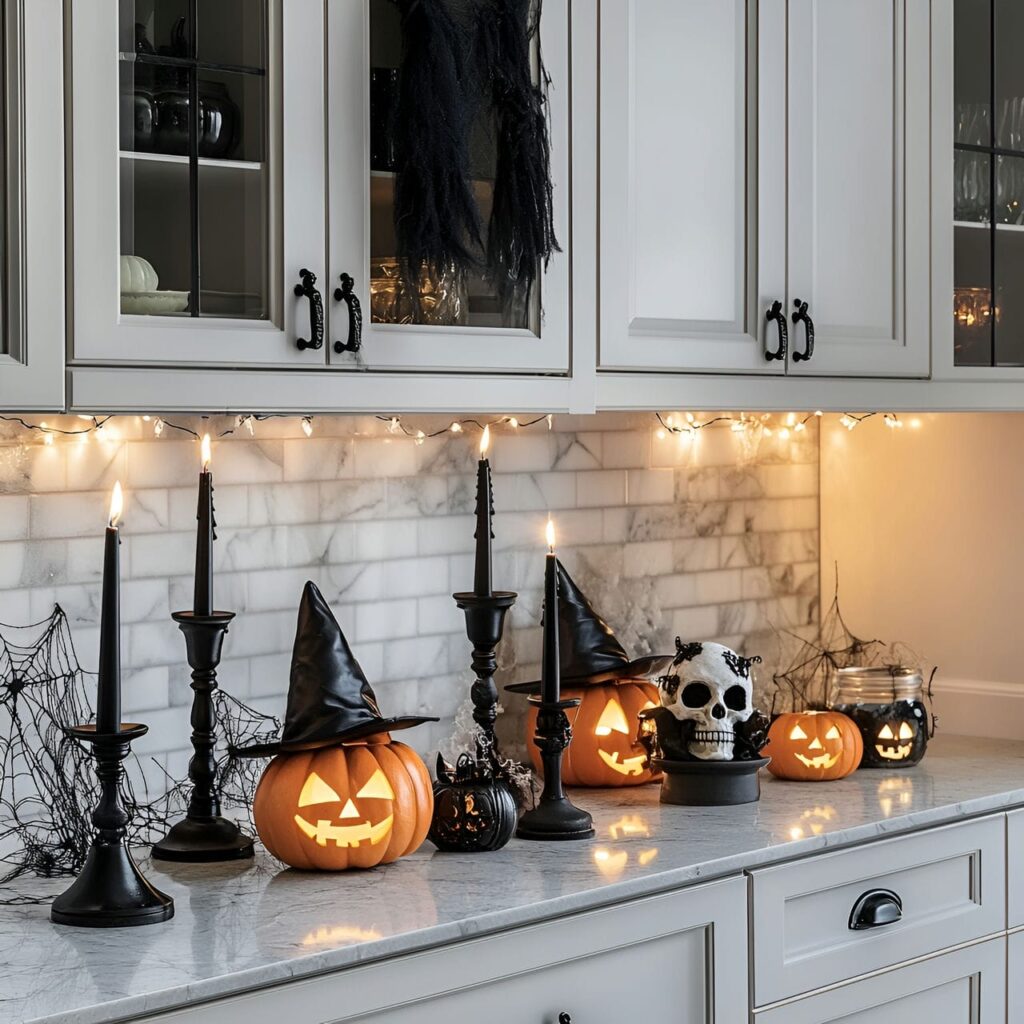 18. Creepy Candlelit Counter with Jack-o’-Lanterns and Skulls