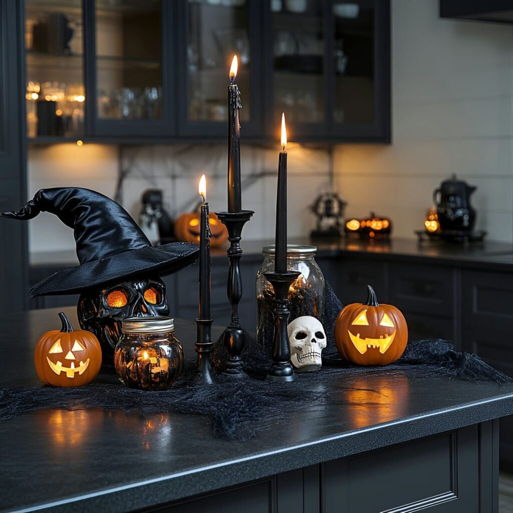 18. Creepy Candlelit Counter with Jack-o’-Lanterns and Skulls