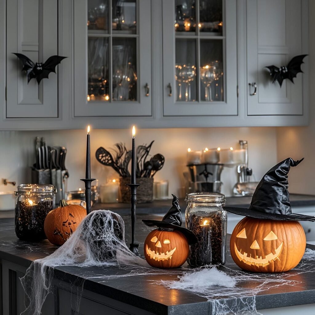 18. Creepy Candlelit Counter with Jack-o’-Lanterns and Skulls