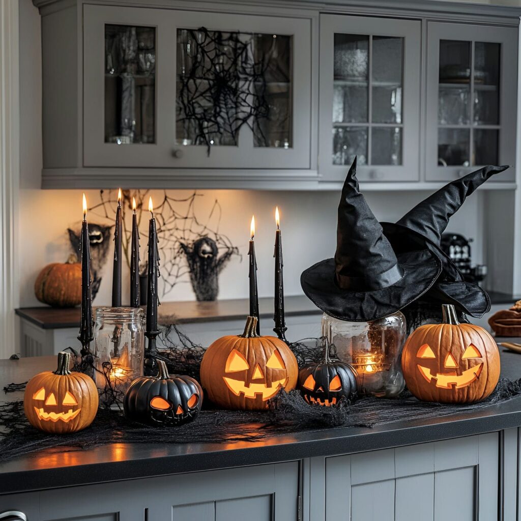 18. Creepy Candlelit Counter with Jack-o’-Lanterns and Skulls