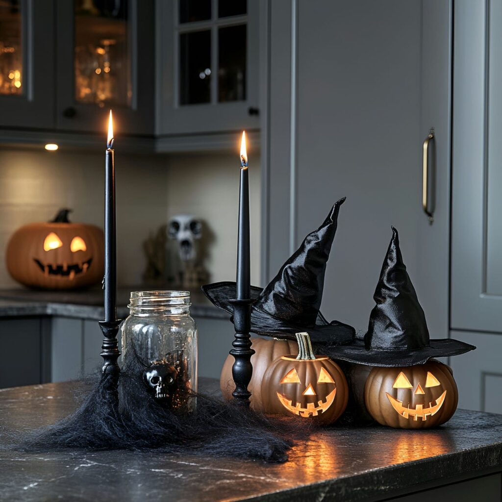 18. Creepy Candlelit Counter with Jack-o’-Lanterns and Skulls