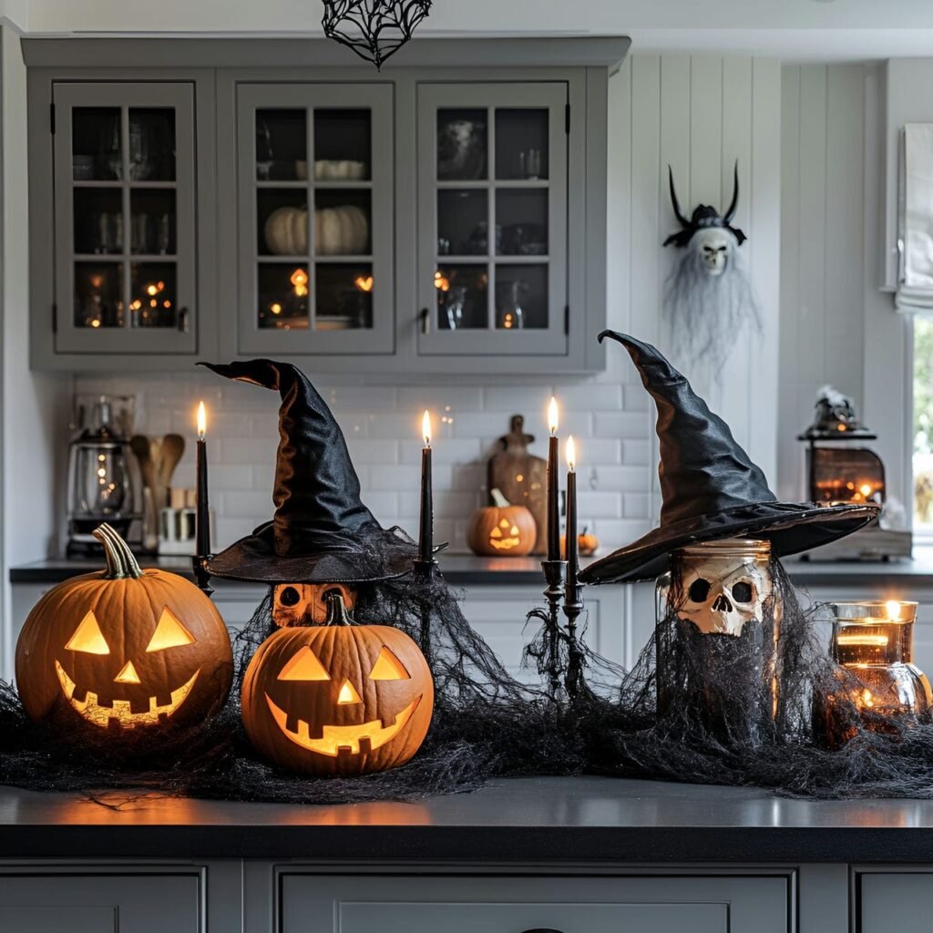 18. Creepy Candlelit Counter with Jack-o’-Lanterns and Skulls