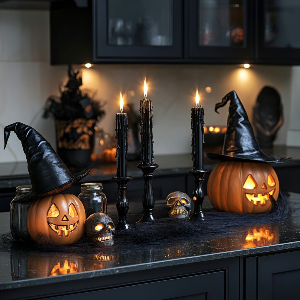 18. Creepy Candlelit Counter with Jack-o’-Lanterns and Skulls