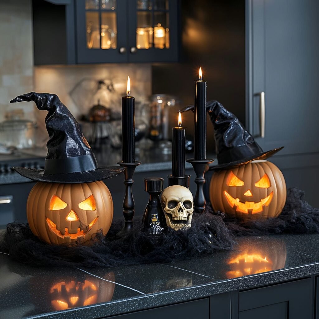 18. Creepy Candlelit Counter with Jack-o’-Lanterns and Skulls