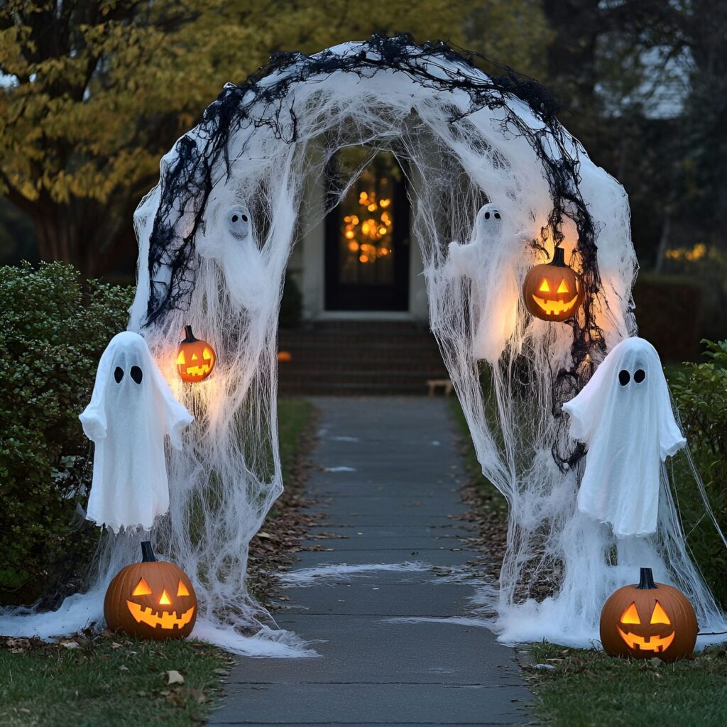 13. Creepy Cobwebbed Entrance with Hanging Ghost Decorations